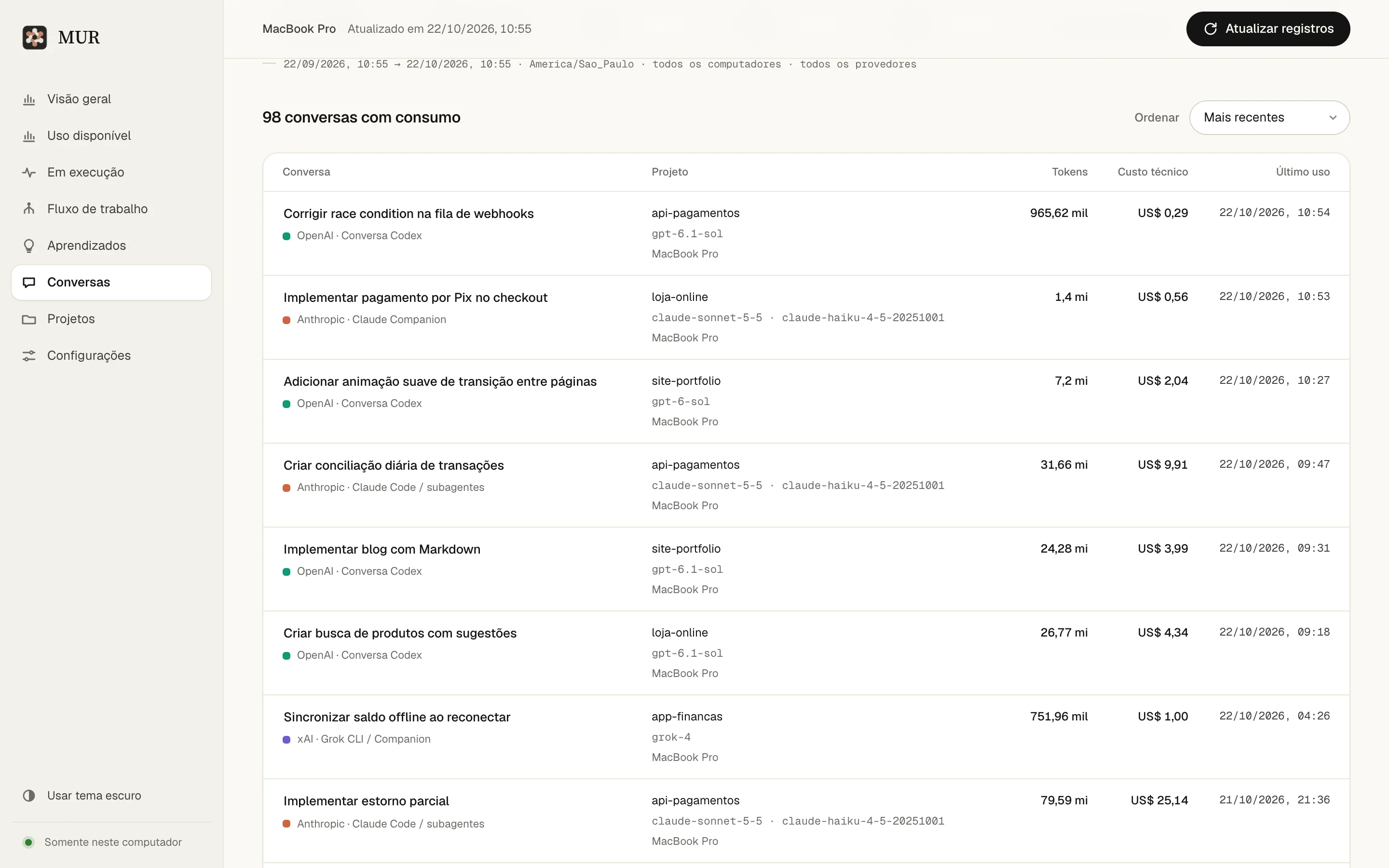 Conversas do MUR com filtros, em dados fictícios.