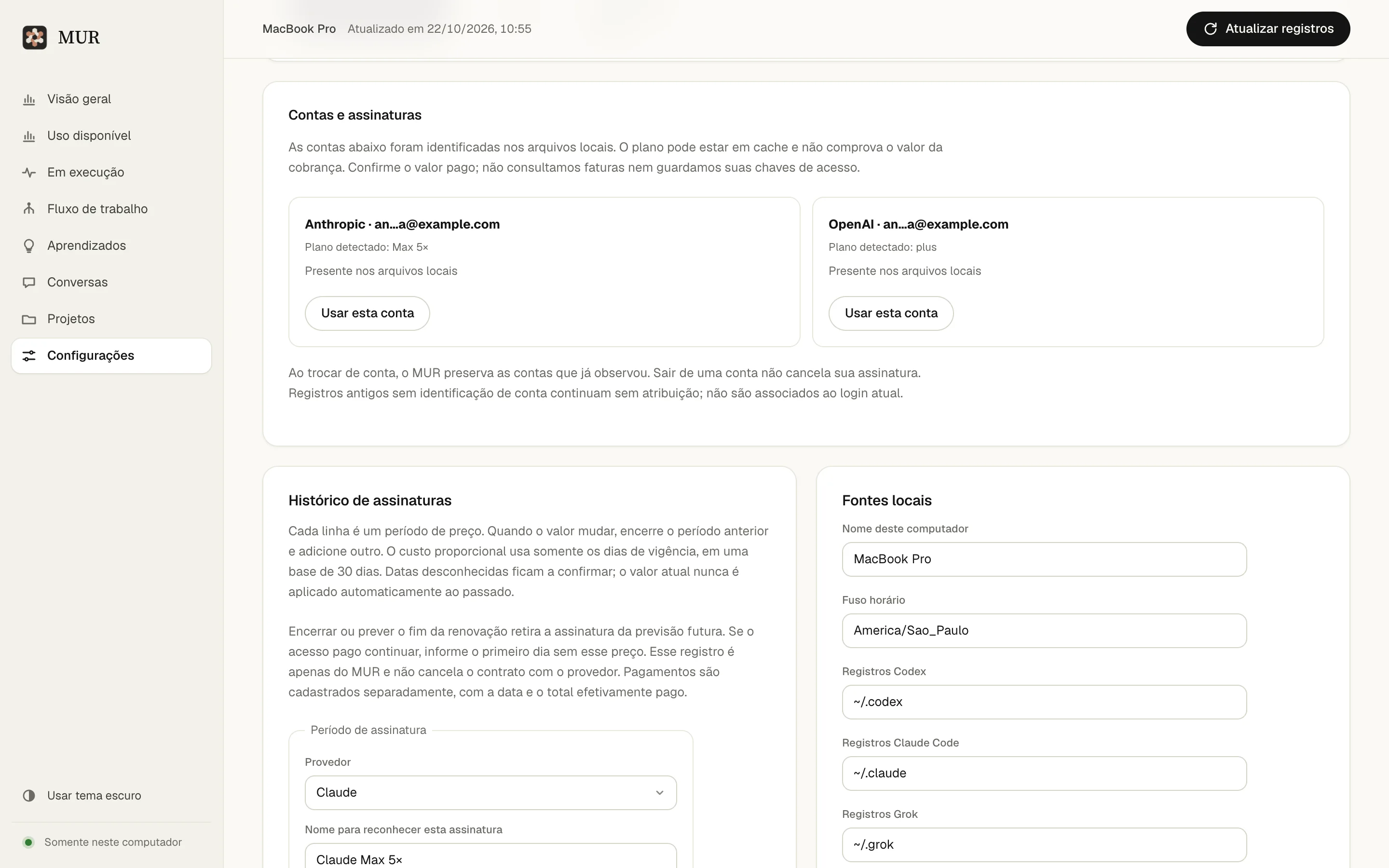 Assinaturas e pagamentos do MUR, em dados fictícios.